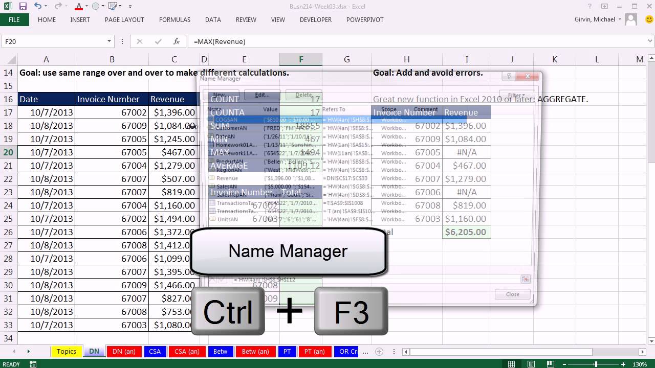 Highline Excel 2013 Class Video 09: Defined Names & Aggregate Functions