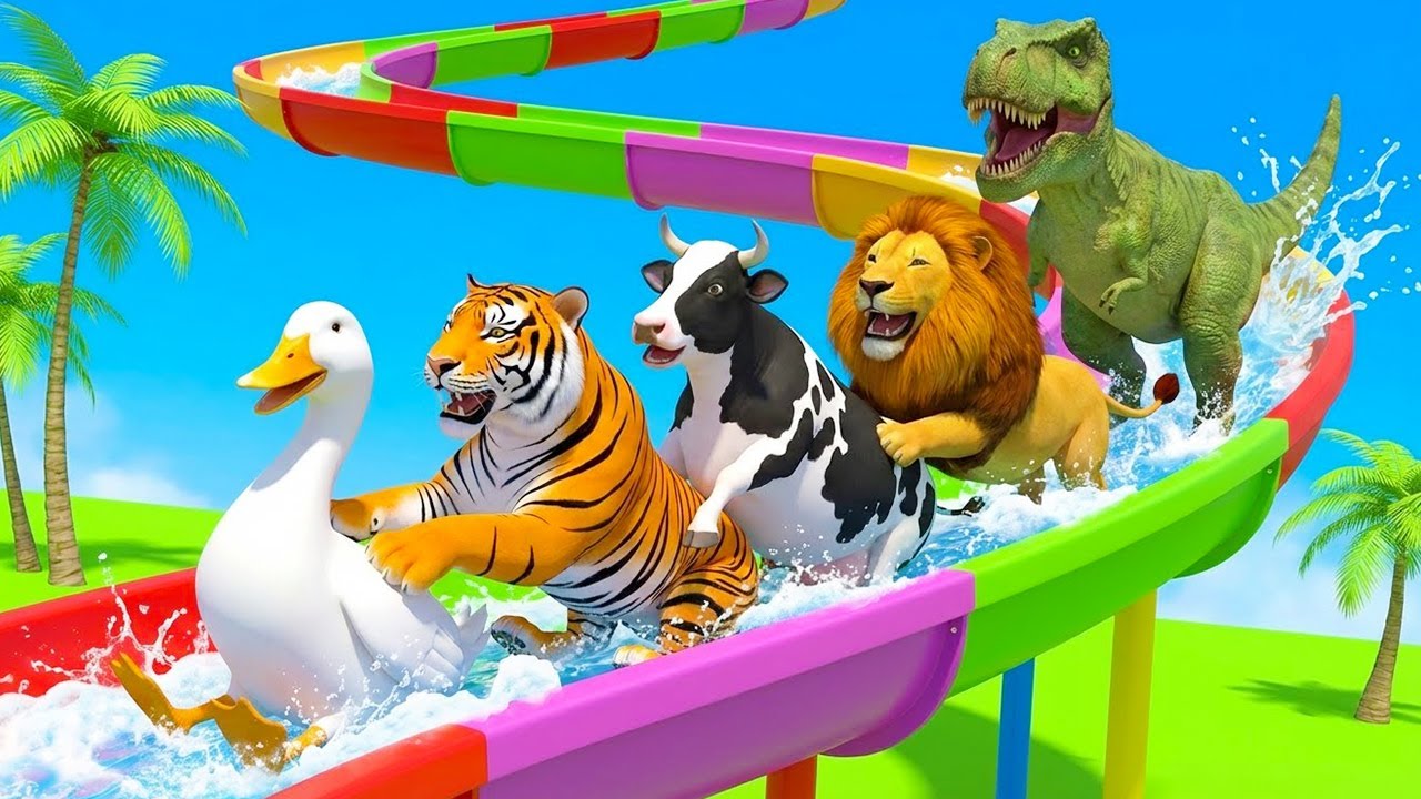 Long Slide Game With Duck Cow Lion Dinosaur Tiger - 3d Animal Game - Funny 3d Animals