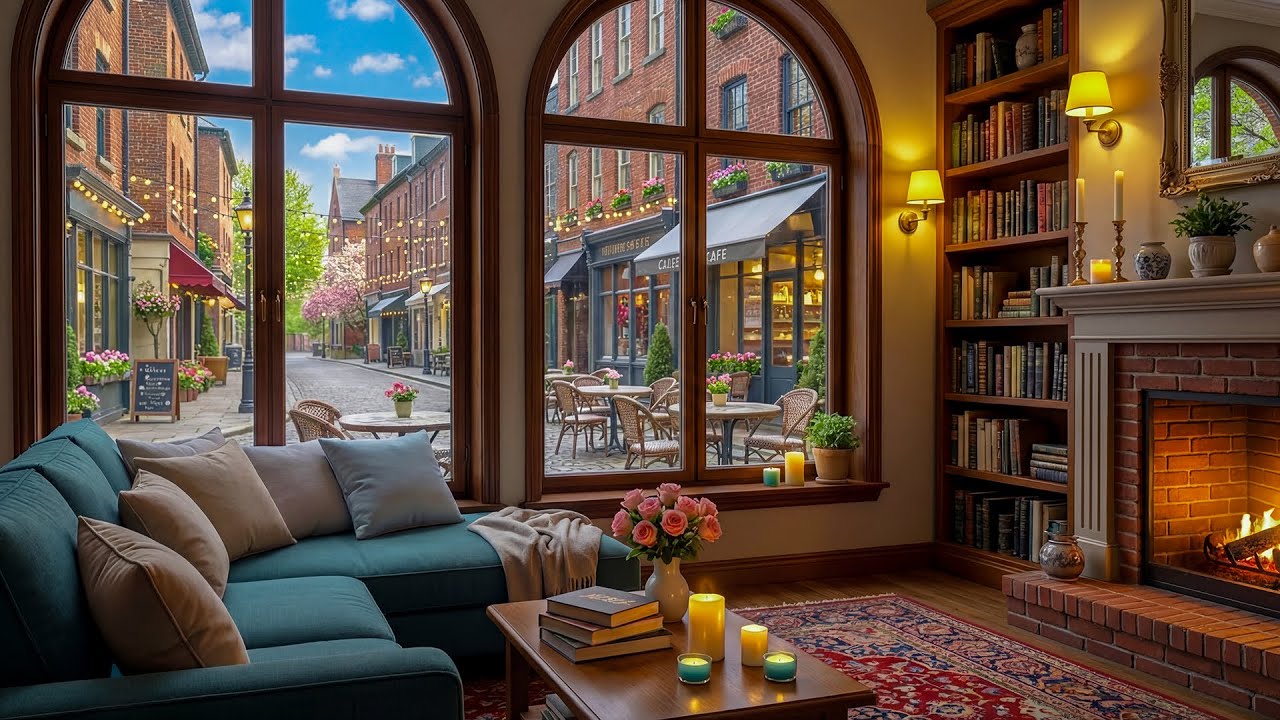 Spring Morning Coffee Shop ☕ Soft Jazz Piano & Fireplace Ambience for Focus & Productivity