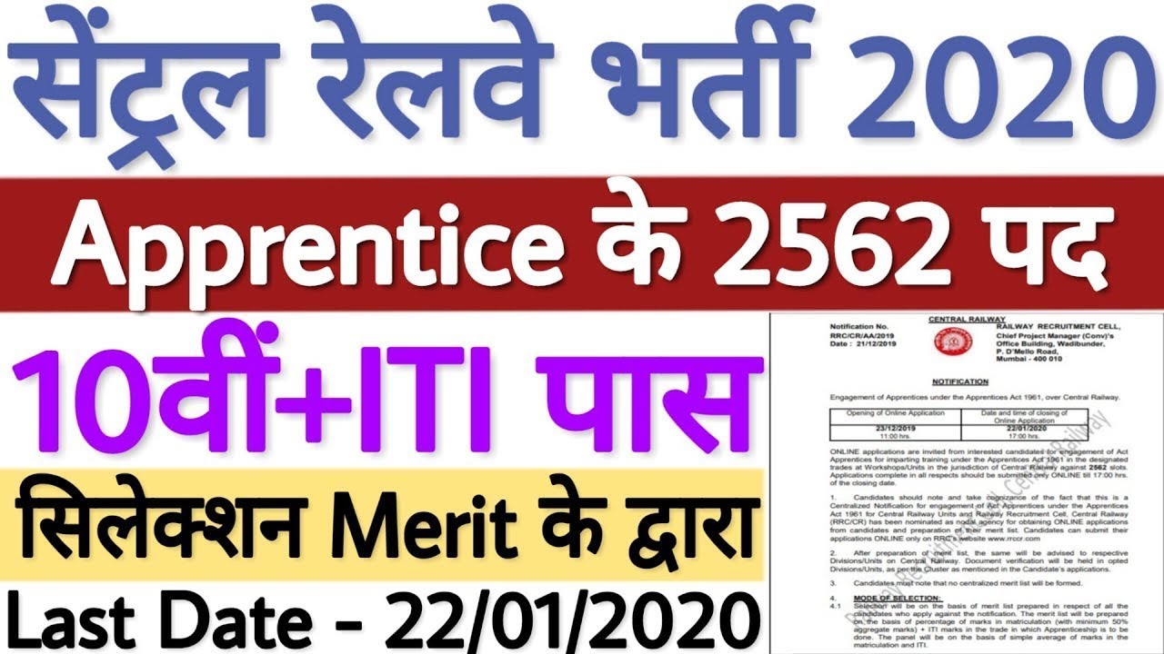 Central Railway Recruitment 2020: For 2562 Post Apprentice, ITI and 10th Pass Jobs Apply To Online.