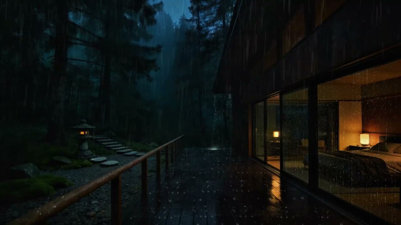 Rain on Wooden Terrace at Night 🌲 Cozy Room Sleep Ambience