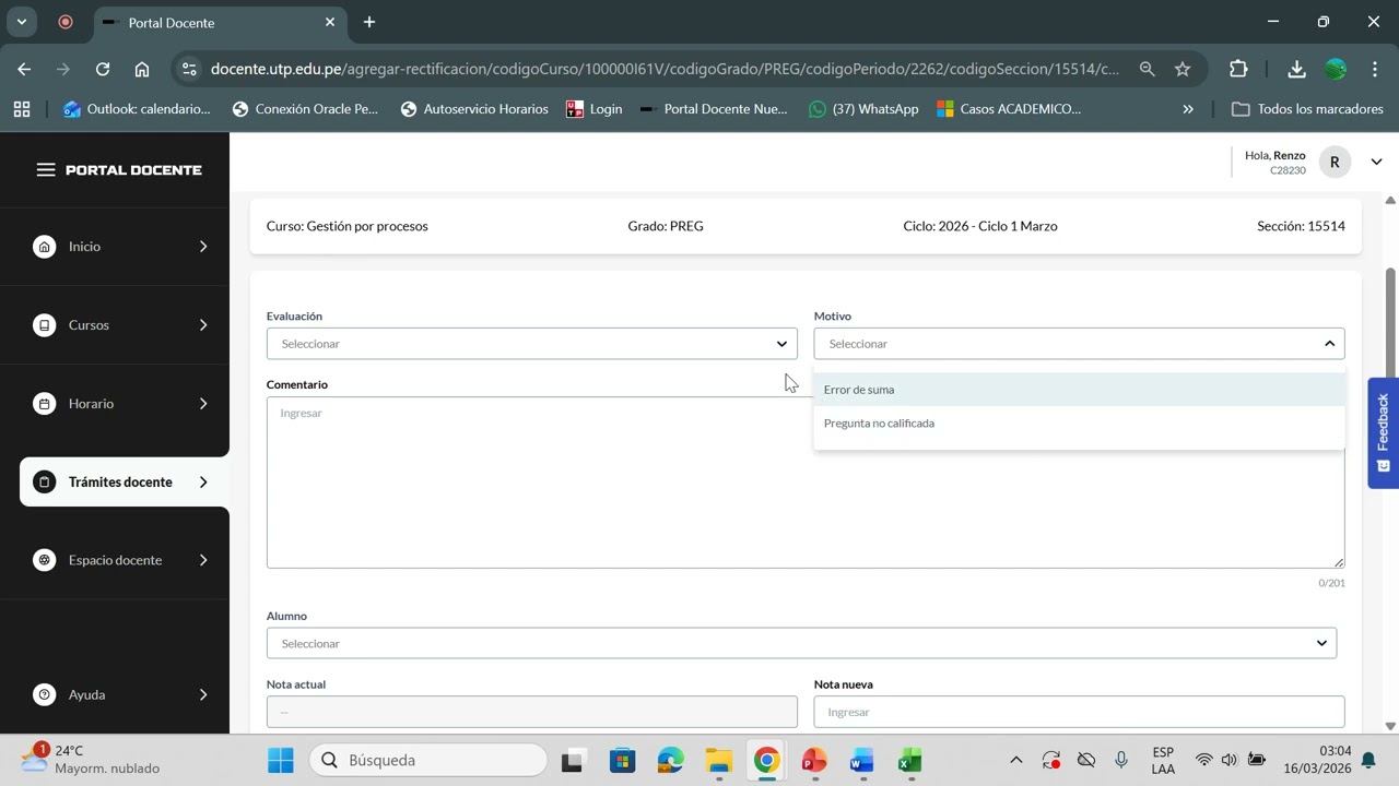 Portal docente 2.0 -  Rectificación de notas