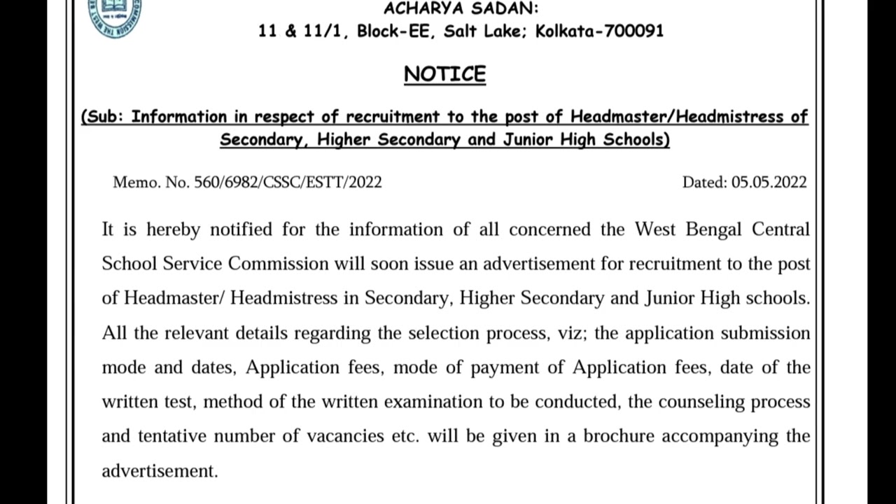 WBSSC HEADMASTER RECRUITMENT NOTIFICATION 2022