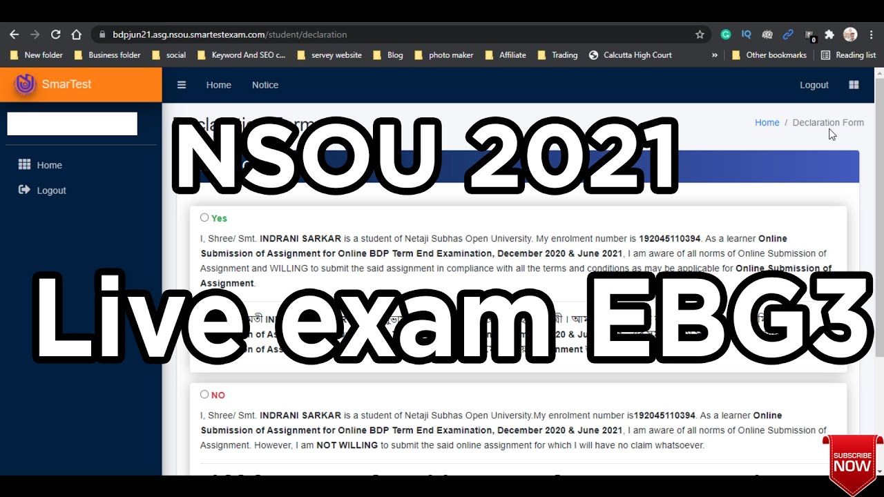 Live Exam Online EBG3 Nsou 2021 | Netaji Subhas Open University