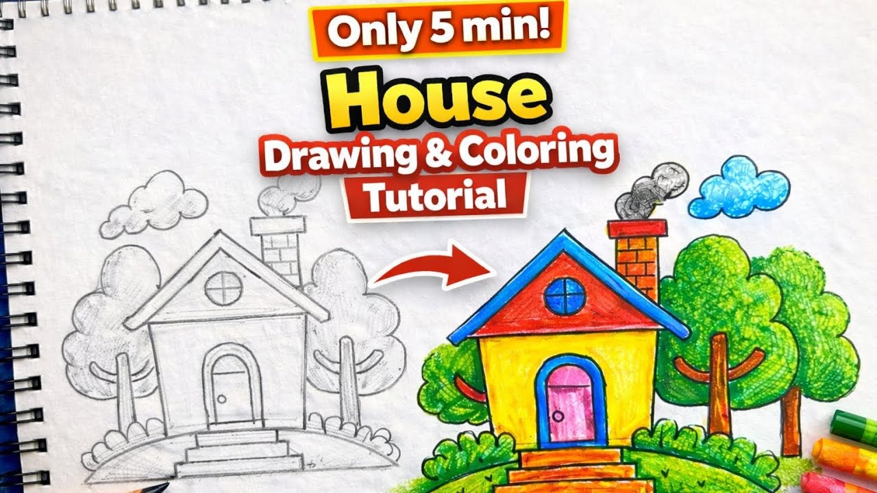 How to Draw a Beautiful House with Oil Pastels 🏠 Step by Step for Kids| #art @Doodleandcolor-ap09 