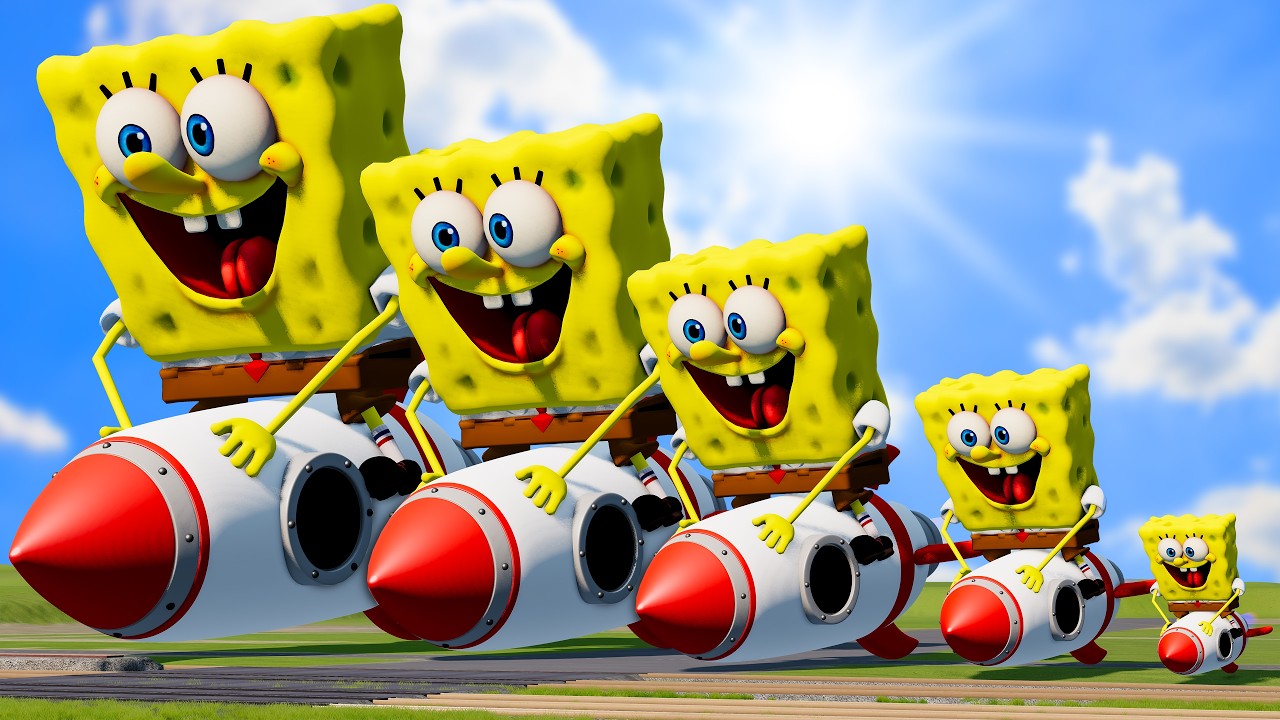 Big & Small SpongeBob on a Rocket vs Trains | BeamNG.Drive