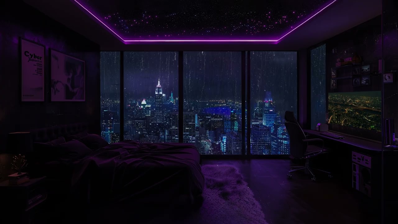 Rain Night in a High-Rise Apartment🌧️Cozy Purple Room Ambience— 11H of ASMR Sounds for INSTANT SLEEP