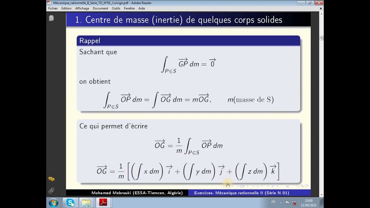 331. Mécanique rationnelle (Série 06- Exercice 1: Centre d'inertie de certaines formes solides)