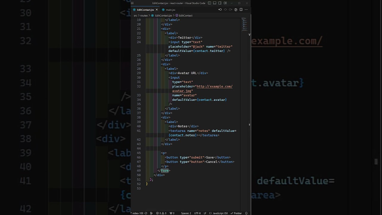 Form Design with input elements for Edit Contact Page in React Router V6 - React18