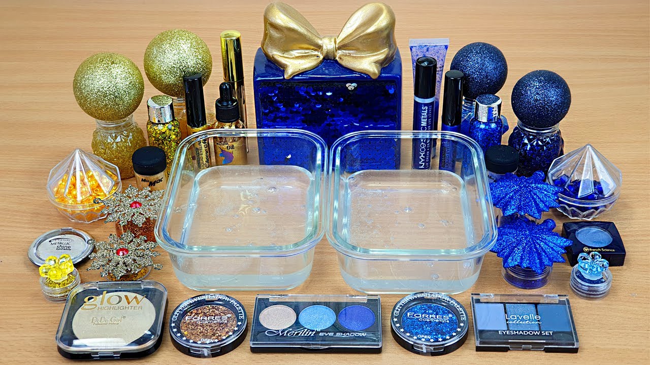 Dark BLUE vs GOLD Mixing makeup and glitter into Clear Slime Satisfying Slime Videos