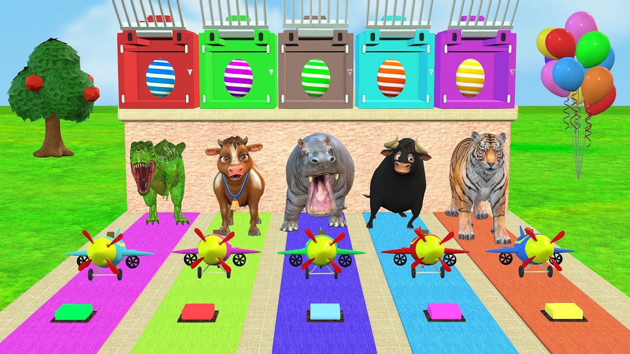 Paint Animals with Cow Tiger Hippo Lion hs - 3d Funny Long Side Fountain Cow Dino ride crossing