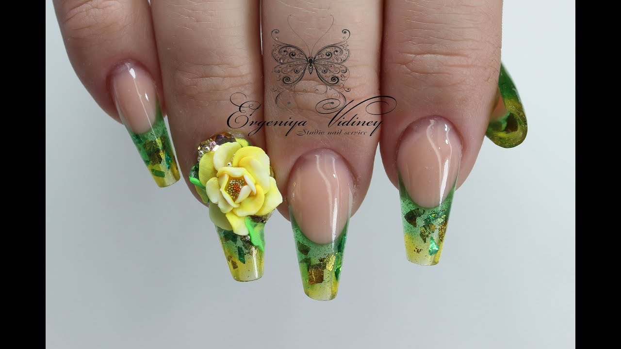 Бомбические ногти с объемной лепкой/Наращивание ногтей/Витражный выкладной френч/Зауженный квадрат