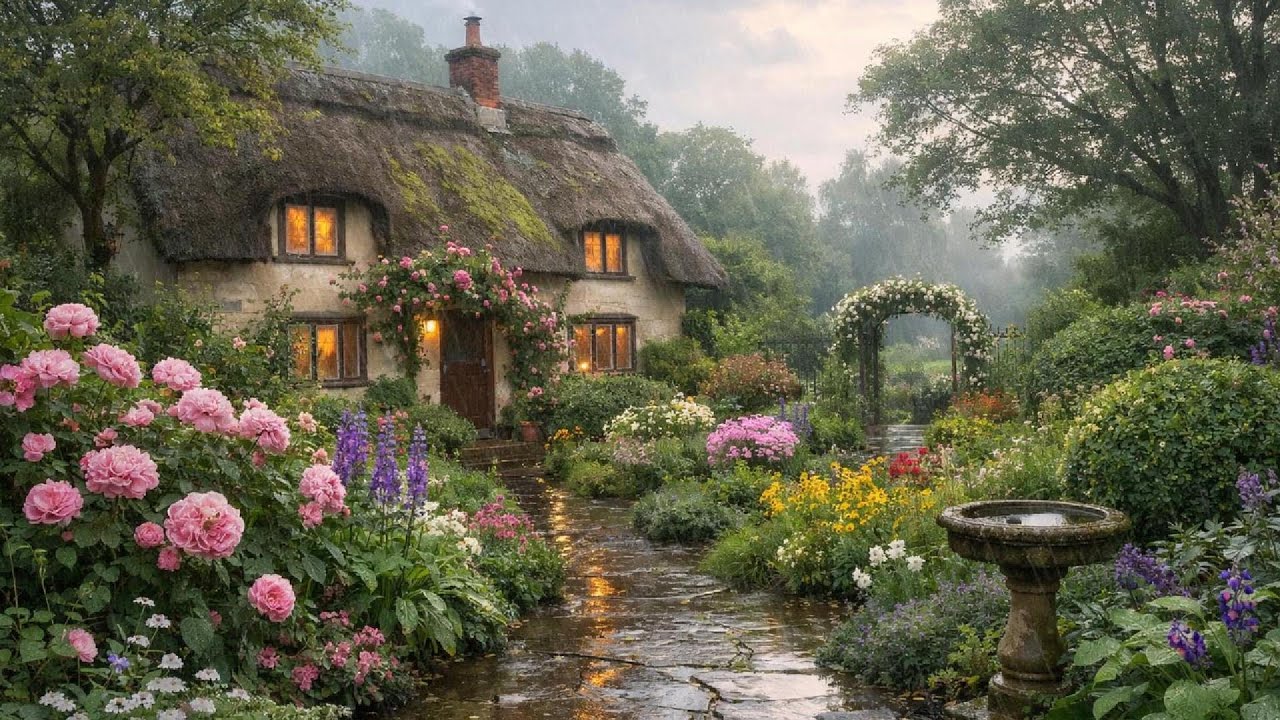 Cozy Rainy Day🌧️ in an English Cottage Garden🏡 Ambience for Reading I Sound of Rain and Thunder ⛈️