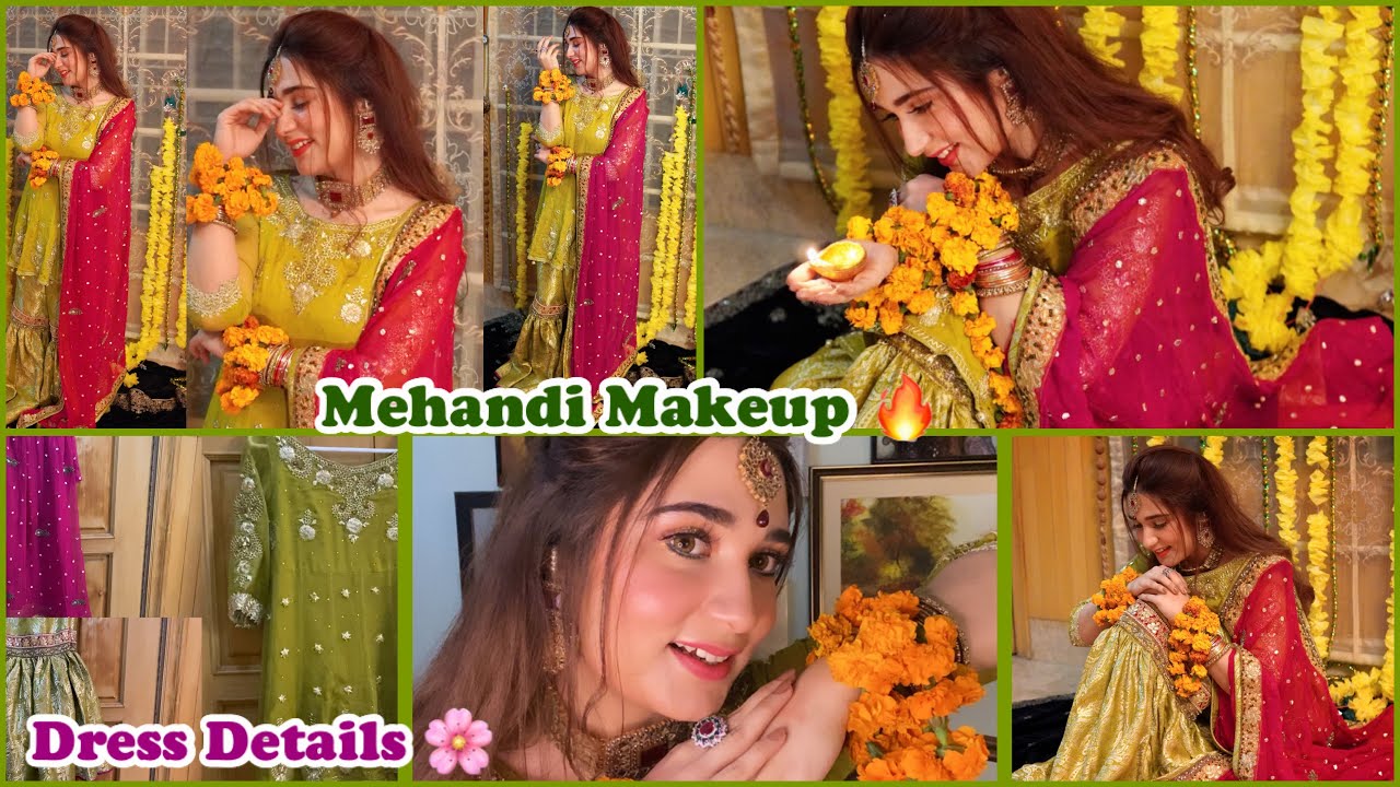 Mehndi Makeup - Makeup With Pink and Green Dress - Complete Dress Details !!