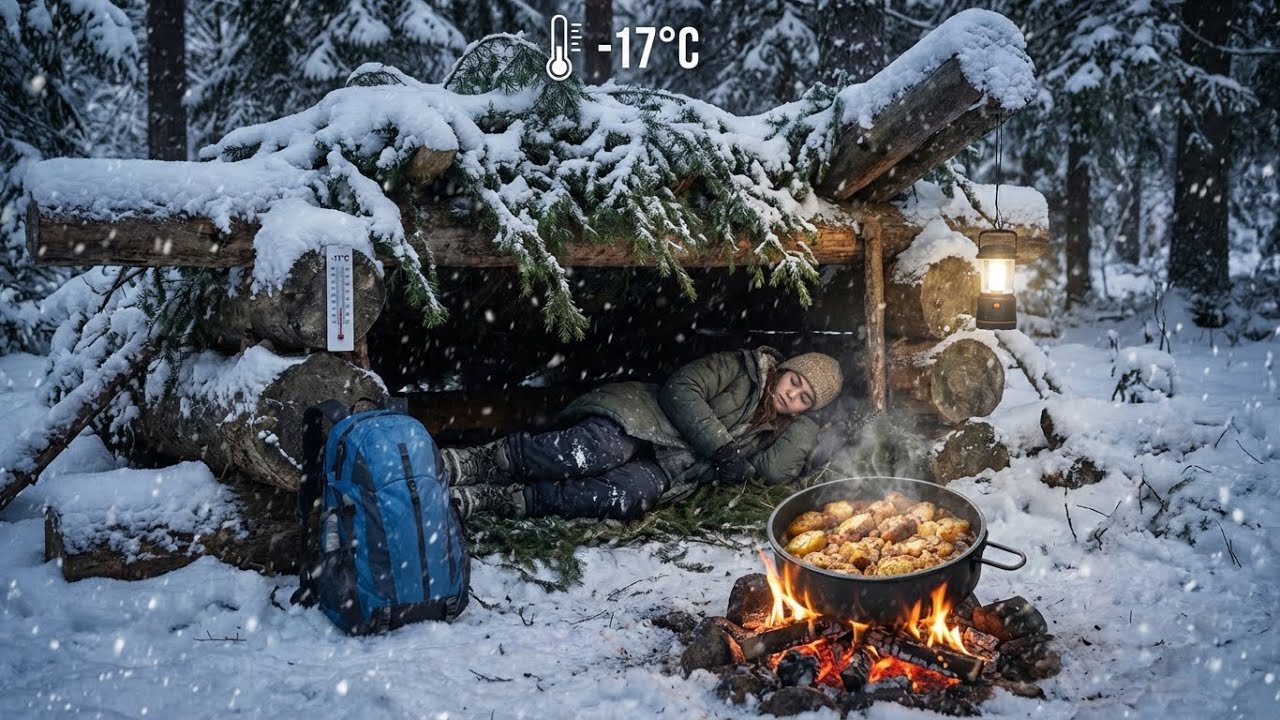 Winter Survival at-17°C Sleeping Under Logs & Cooking Potatoes Over Open Fire Extreme Cold Bushcraft