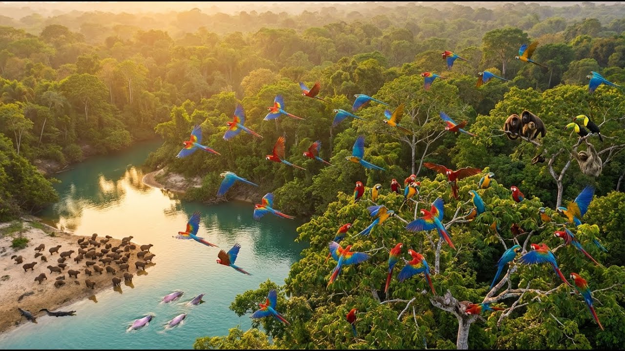 Relaxing Walk in the Amazon: Macaws at Dawn | Canopy (ASMR Nature Sounds | 4K)