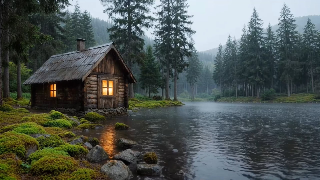Rain Sounds for Sleeping 🌧️ Cozy Cabin by the Lake in a Rainy Forest Night (LIVE)