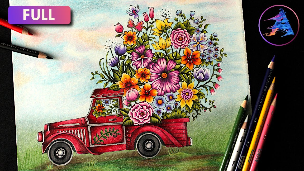 How to color Flower Truck and light sky background | WORLD OF FLOWERS Johanna Basford | Prismacolor