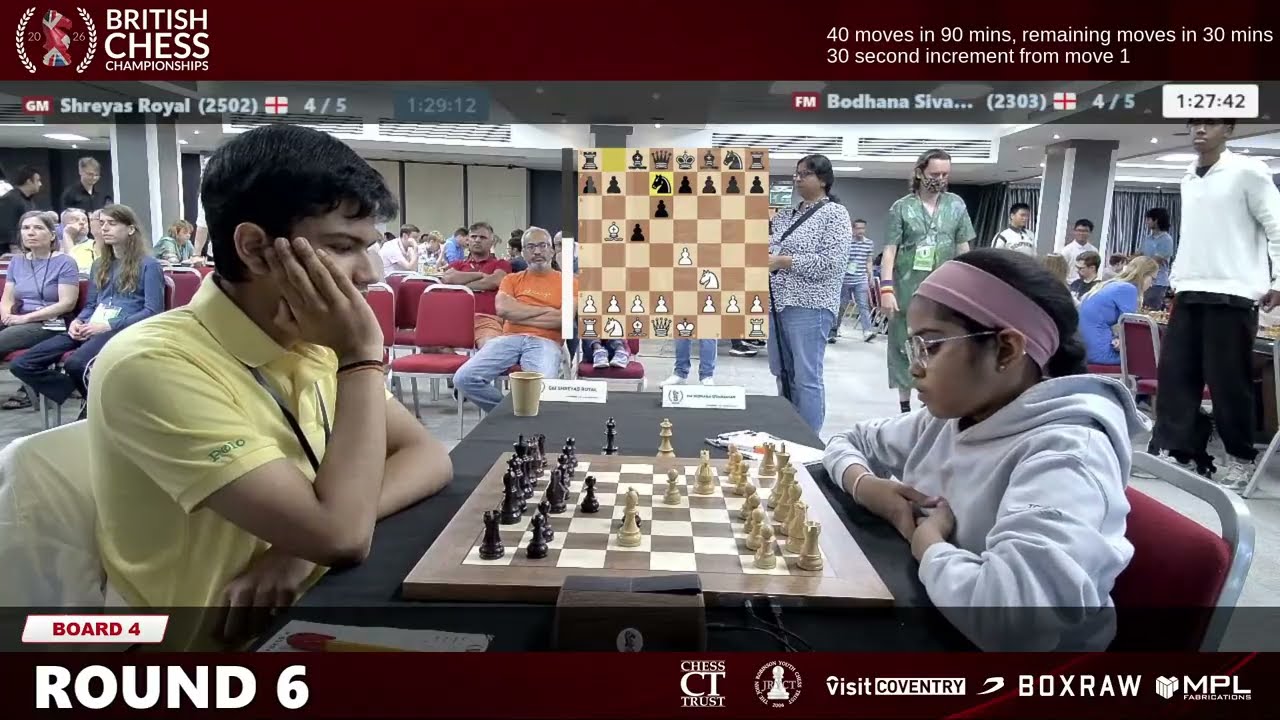 Board 4 - Round 6 - FM Bodhana Sivanandan VS GM Shreyas Royal | 2026 British Chess Championships