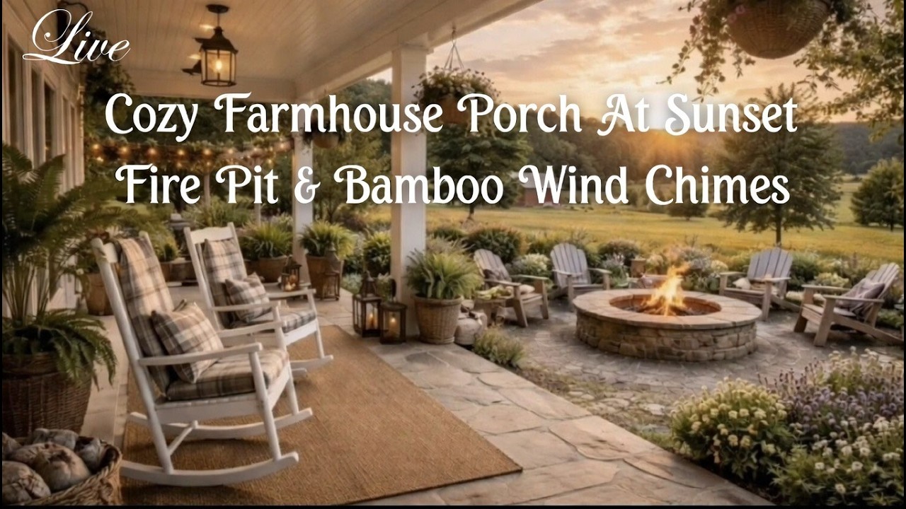Cozy Farmhouse Porch at Sunset LIVE | Fire Pit & Natural Bamboo Wind Chimes