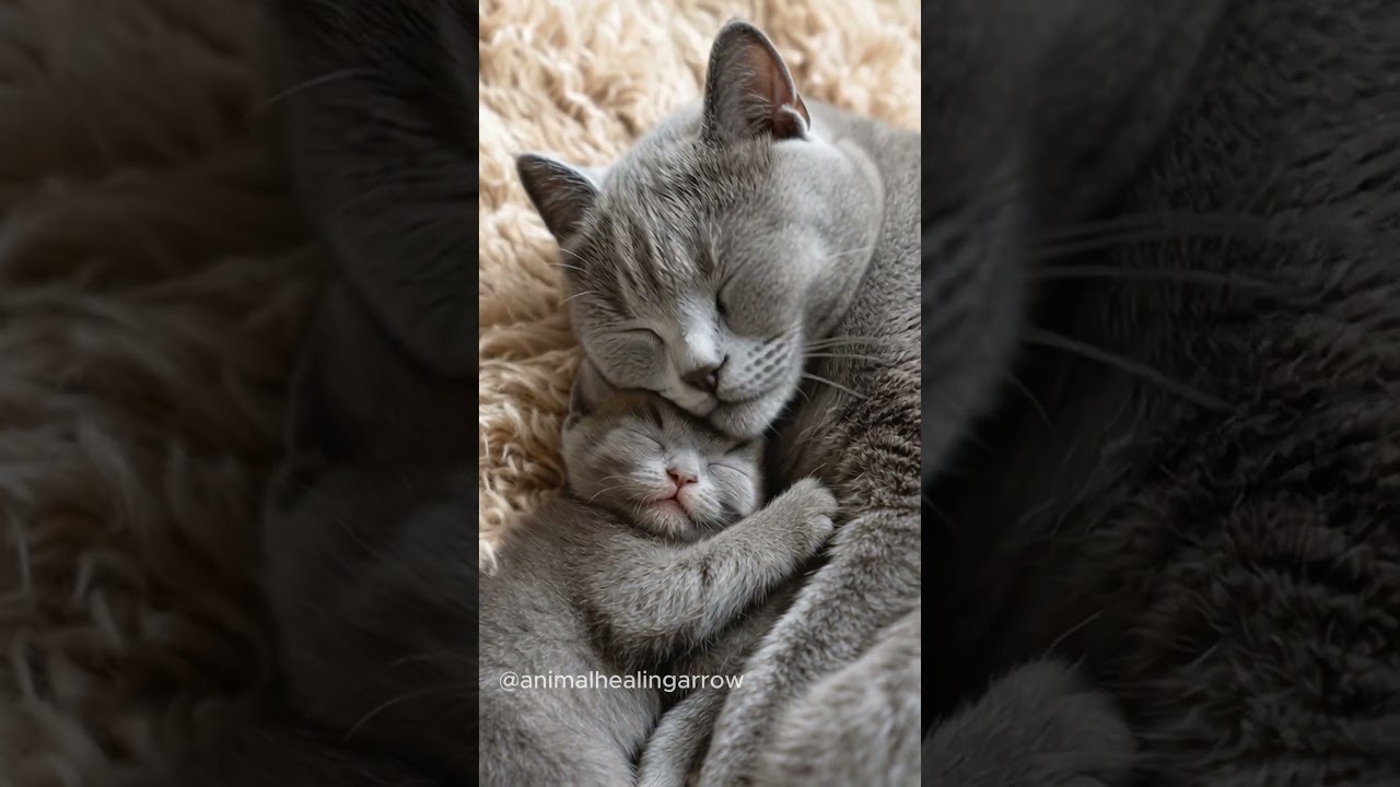 Chartreux Mom Cuddles Her Kitten to Sleep