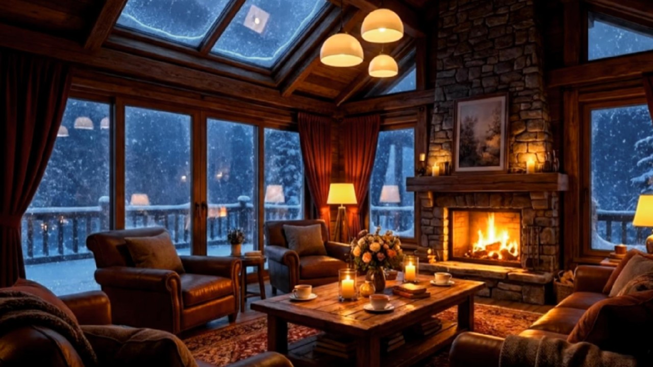 Cozy Winter Cabin Ambience – Fireplace & Snowfall for Relaxation
