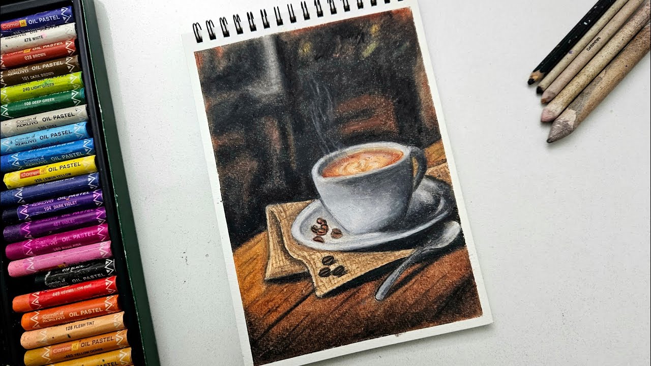 Oil Pastel Drawing - Coffee Cup ☕️ Drawing | Realistic drawing with oil pastel | Step by step