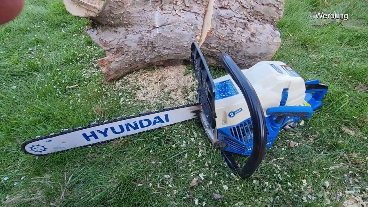 Kettensäge von HYUNDAI im Einsatz. Kleine Vorführung.
