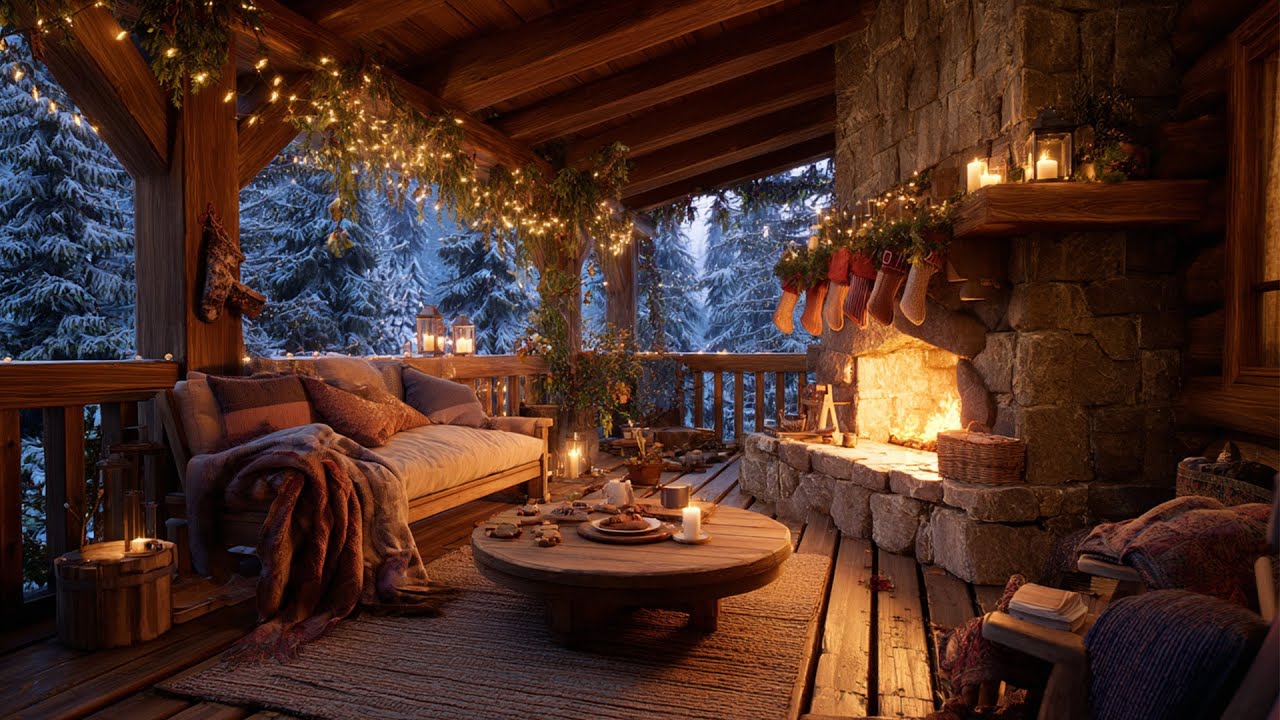 Cozy Winter Cabin Ambience ⛄ Gentle Snowfall, Soft Jazz & Crackling Fireplace for Study and Sleep