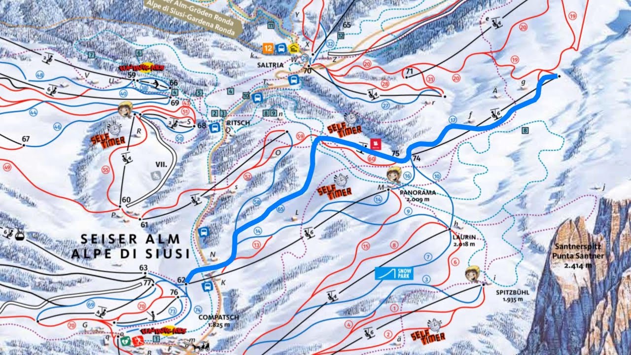 Skiing Seiser Alm / Alpe di Siusi, Paradiso→Bamby→Euro, Blue #17 and Blue #65, Dolomites-Italy, 2025