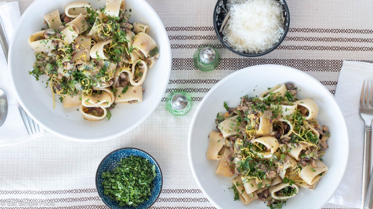 Mushroom Zucchini Pistachio Pasta with Parmesan Recipe | EatSimpleFood.com