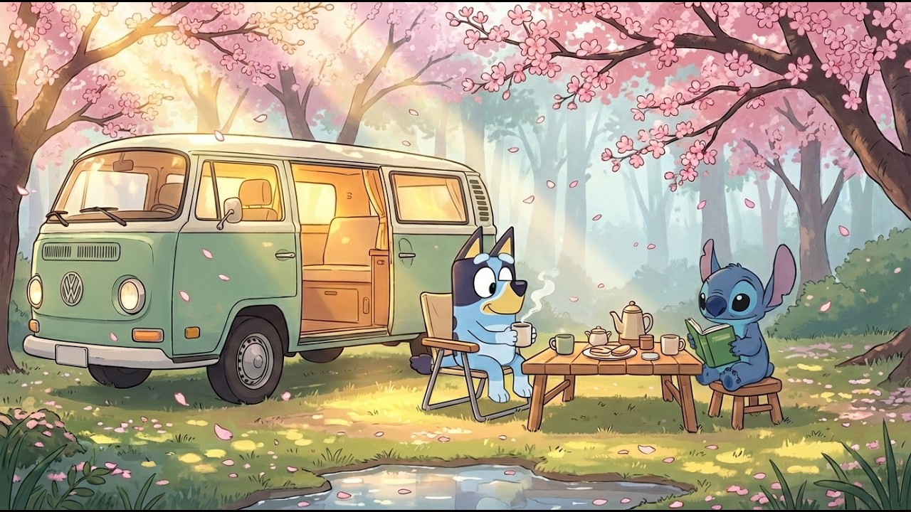 Stitch & Bluey Camper Spring Tea 🚐 Chill Lofi Beats for Classroom Study & Reading🌷 Forest Stillness