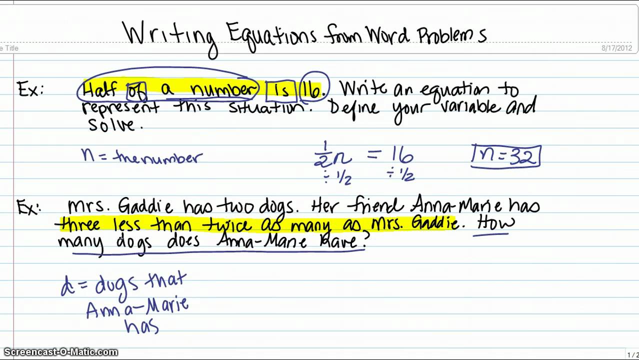 Writing Equations from Word Problems