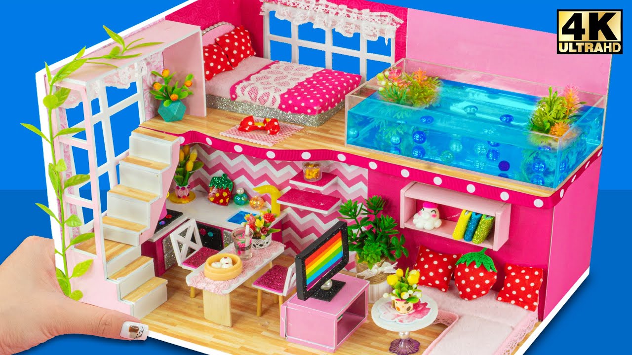 DIY Miniature Cardboard House With Kitchen, Bedroom, living room, swimming pool for a family #31