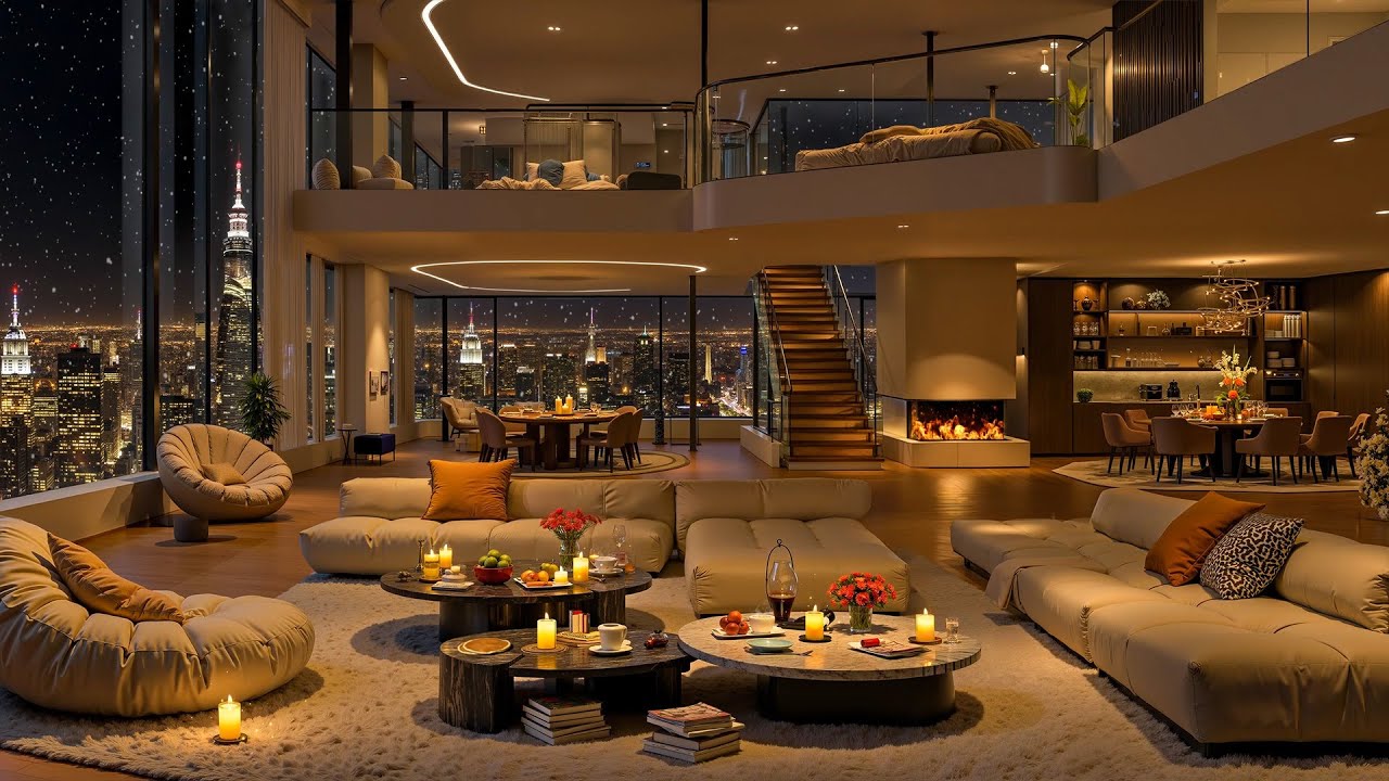 Cozy Luxury Night Apartment ❄️ Soothing Jazz Piano Music & Relaxing Fireplace Sounds for Deep Focus