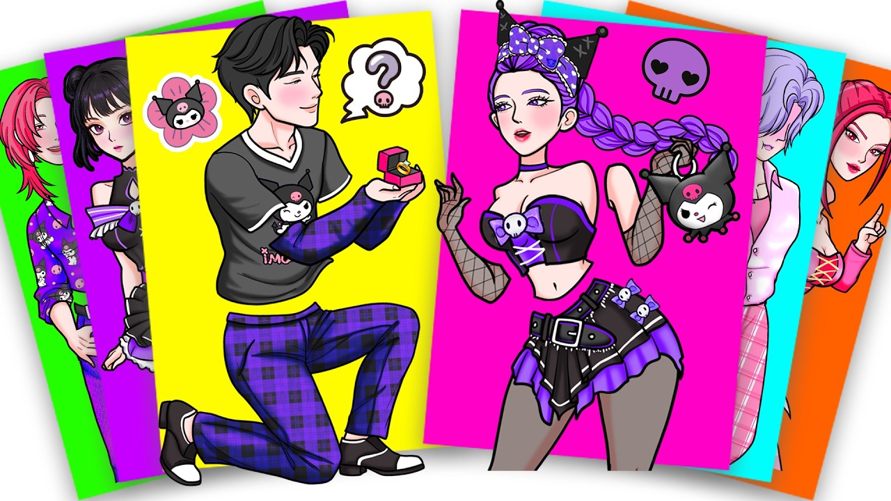 Huntrix and Saja Boys love and cosplay KUROMI OUTFIT - Kpop Demon Hunters Sticker Book | paper diy