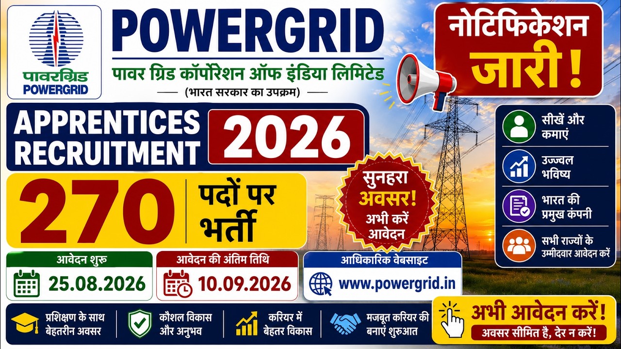 POWERGRID Apprentices Recruitment 2026 for 270 Posts #job #jobskaro #biharjobs #jobs #rrb #rrbntpc