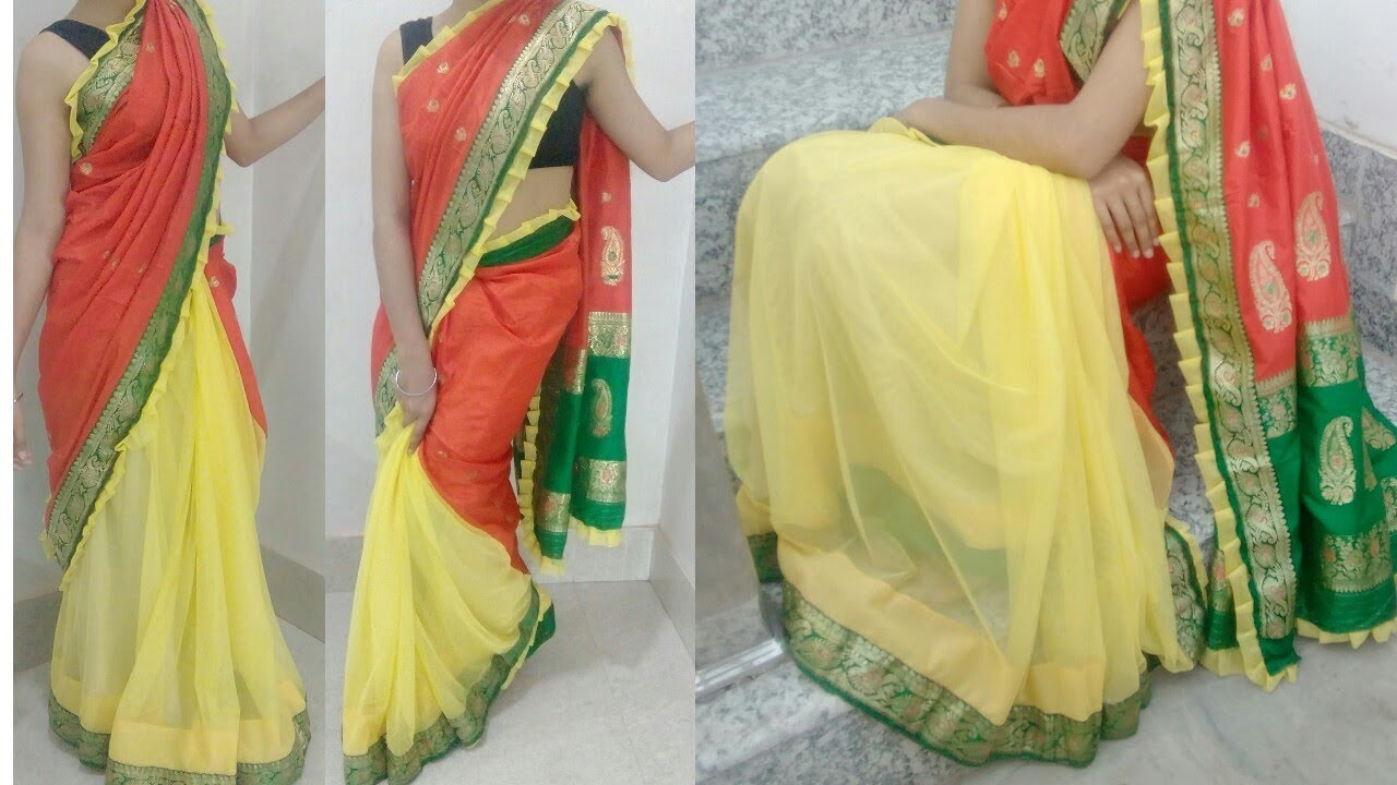 Old banarasi saree convert into new style frill saree cutting and stitching tutorial in hindi