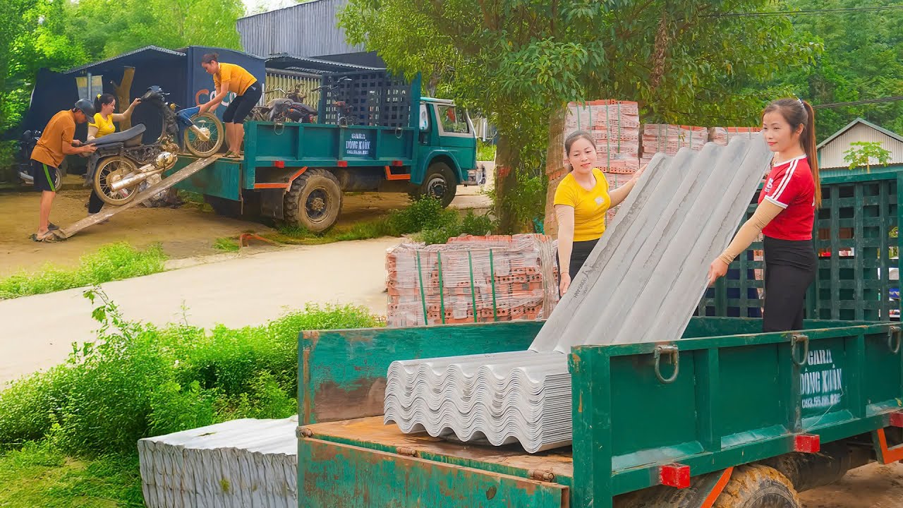 Transporting Old Motorbike, Bricks, and Bamboo by Truck for Village Work - Rural Life