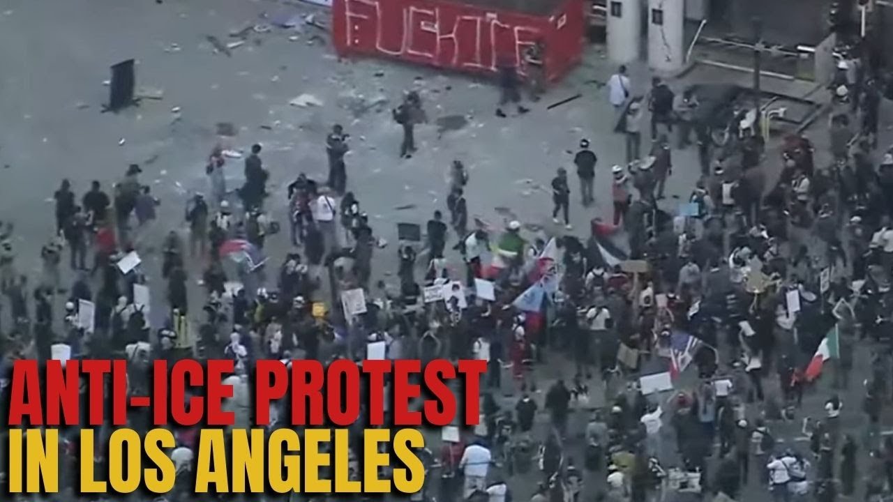 Aerial view of anti-ICE protest outside Metropolitan Detention Center in LA