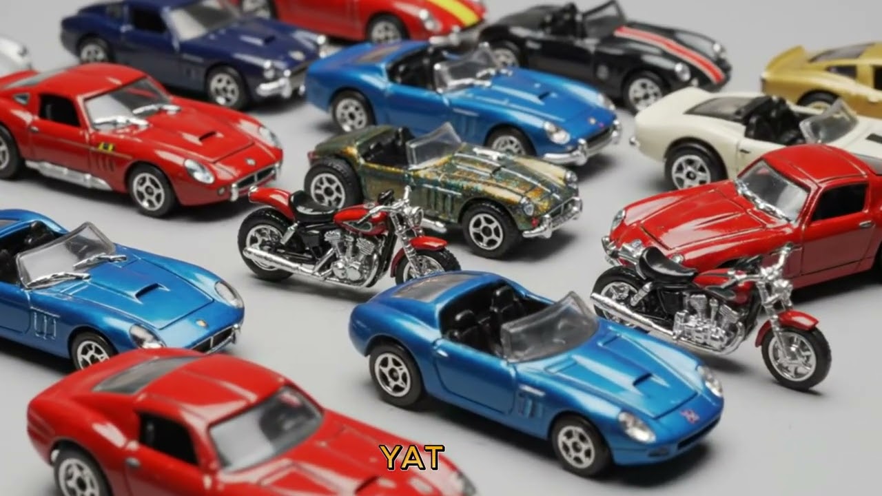 Top Down Flat Lay of Colorful Die Cast Cars and Mo