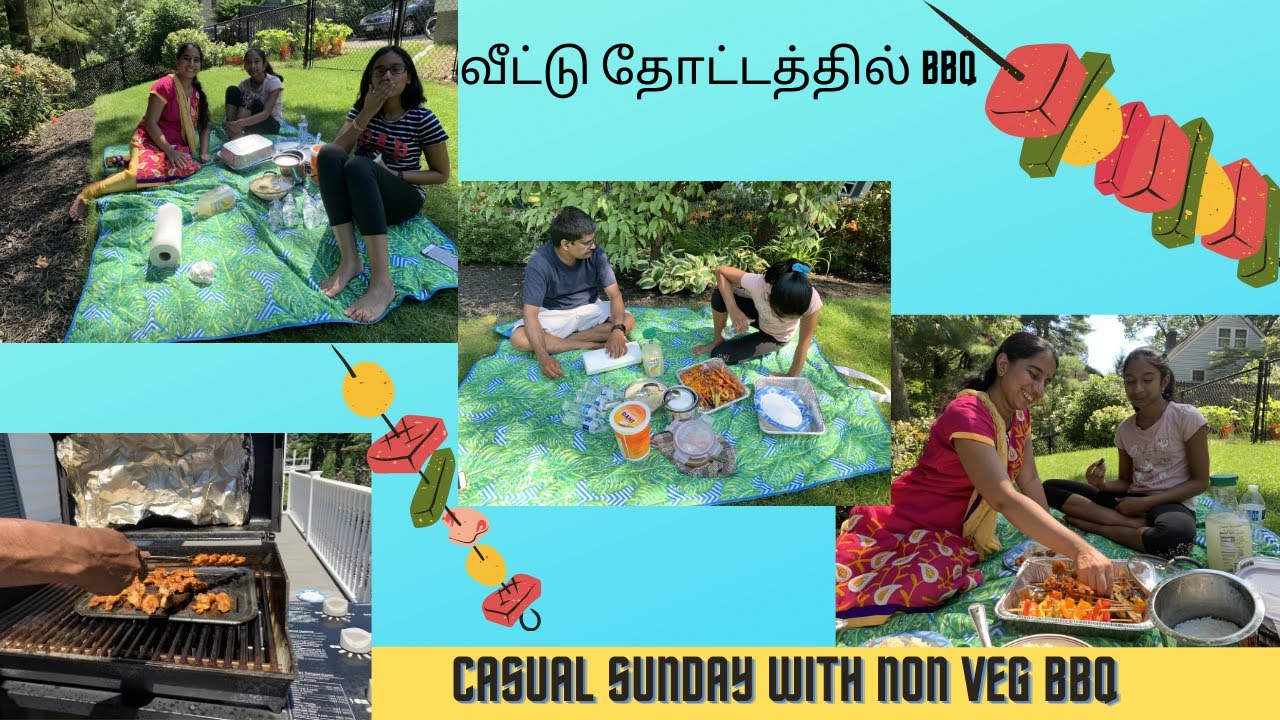 எங்க வீட்டு தோட்டத்தில் BBQ|Casual Family Sunday BBQ VLOG|Shrimp BBQ and Green ChickenBBQ Recipe|