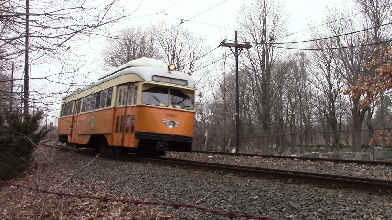 MBTA PCC #3263 coming out of 15 mph curve in Cedar Grove Cemetery at Dorchester, MA