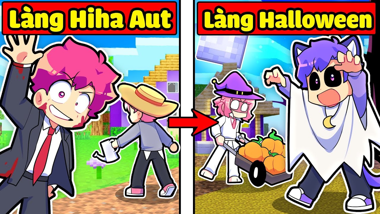 HIHA THỬ THÁCH 24H XÂY LÀNG HIHA AUT  PHIÊN BẢN HALLOWEEN TRONG MINECRAFT*LÀNG HIHA AUT HALLOWEEN 👻🤩