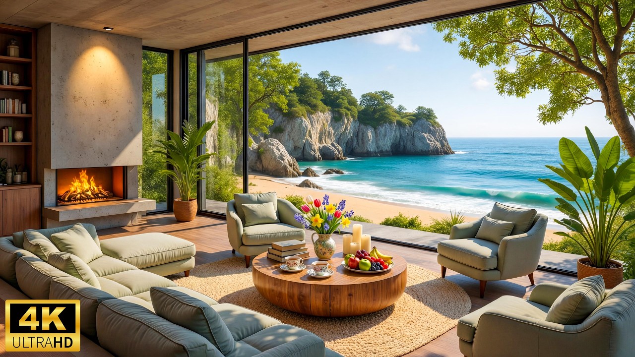 Oceanfront Spring Morning ☘️ Peaceful Piano Music with Ocean Waves & Firepalce for Relaxation & Calm