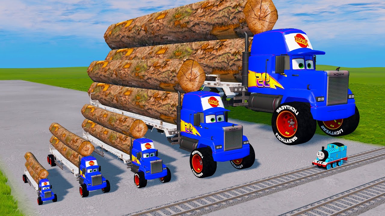 Big & Small Blue Long Mack Truck with Logs VS Thomas Trains - Slide Color vs Funny Cars - BeamNG