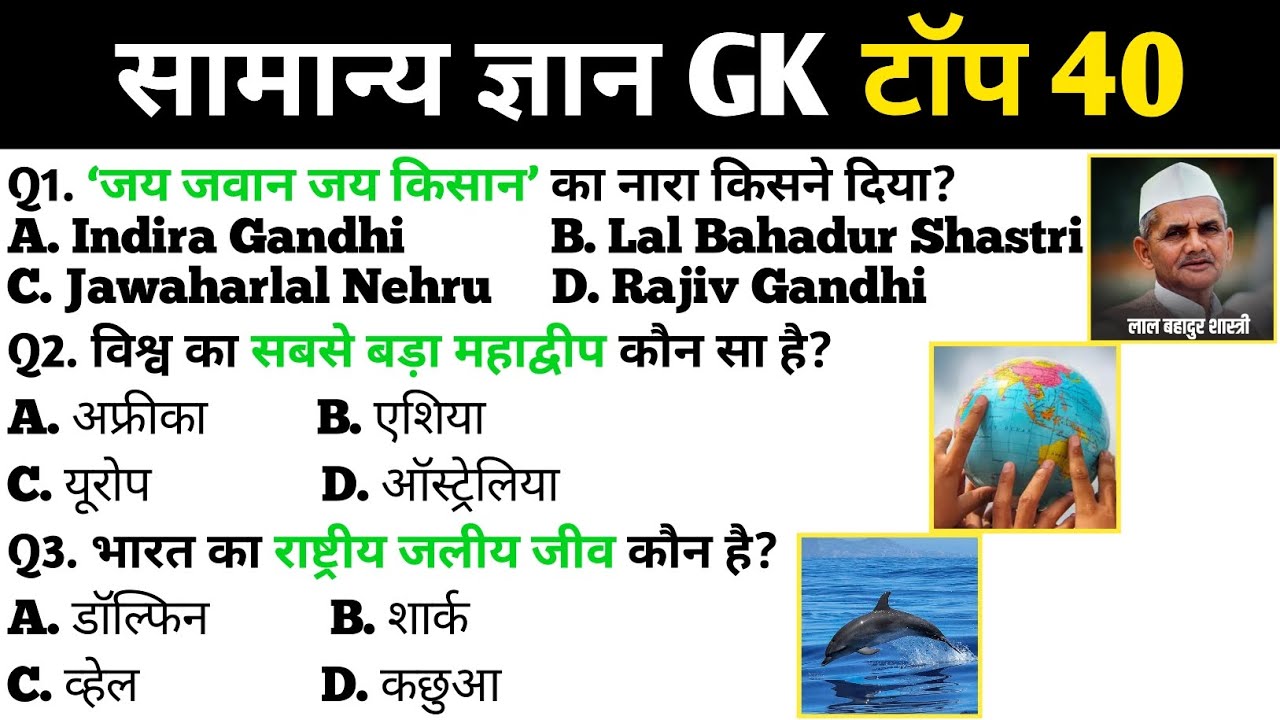 सामान्य ज्ञान | General Knowledge | Top 40 Gk GS questions | SSC GD, MTS, RPF, CRPF | GK quiz