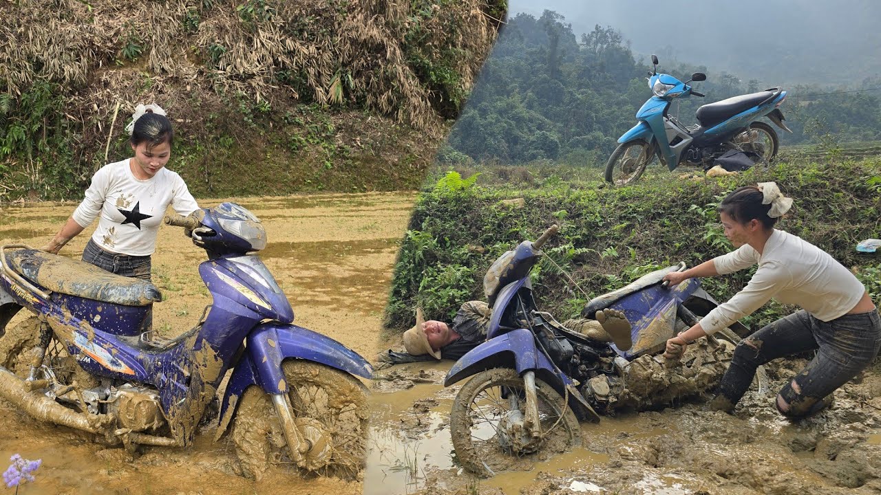 The kind girl helped a man who had fallen off his motorbike. That's wonderful.
