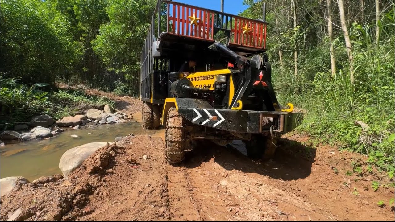 Following a modified truck as it transports timber through the forest.