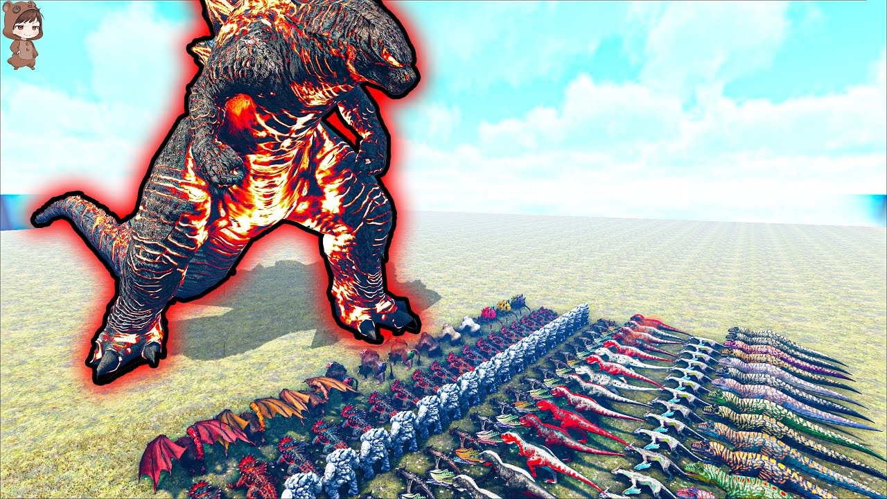 Burning Godzilla VS 100 Ark Dinos | ARK Mod Battle Ep.248